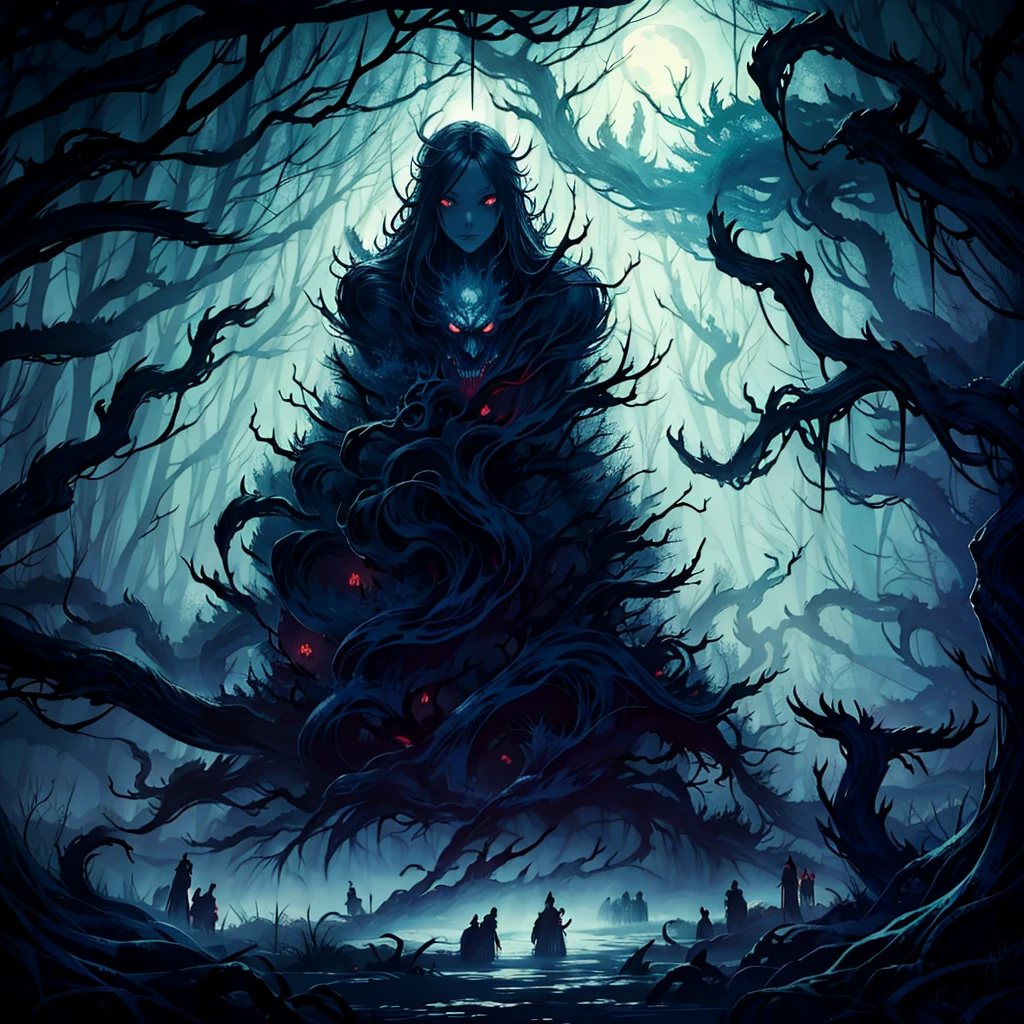 super fine illustration, best quality, various yokai, mystical spirits, eerie forest, dense fog, moonlit night, detailed creatures, ominous atmosphere, vibrant colors, traditional Japanese folklore, ghostly figures, floating lights, twisted trees, haunting expressions, ancient legends, dark fantasy style, intricate details, surreal scene