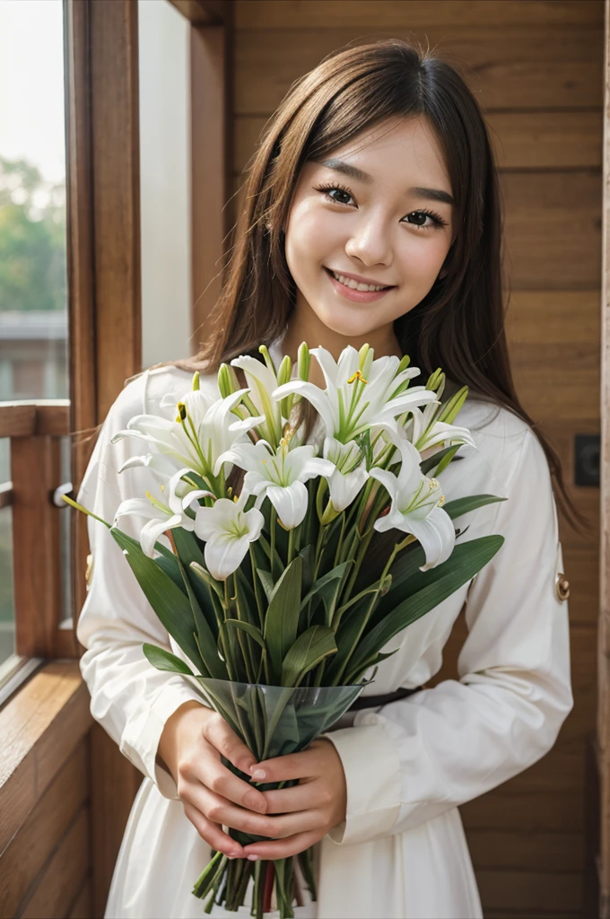 young woman。Young Darling。Gentle smile。Harmonious Faces Bouquet of Lilies. 32k