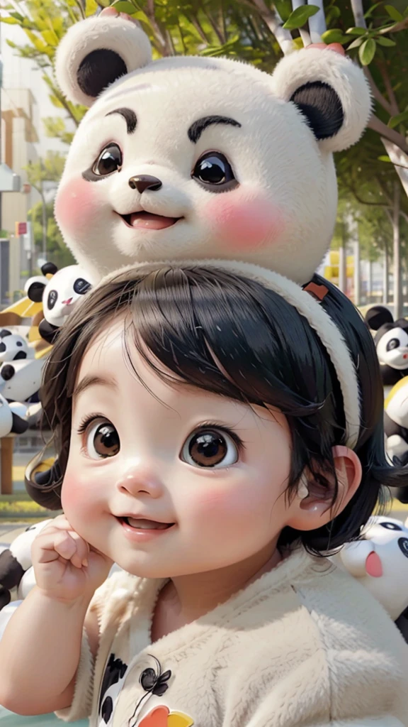 In anime、Wearing a panda costume、Striking a cute pose、Take a photo from the side、I laugh out loud.、