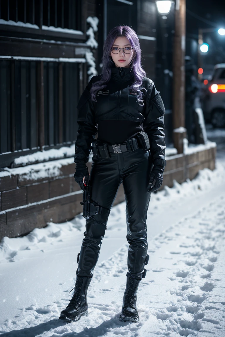 1 girl, beautiful purple hair, blue eyes detailed, wearing glasses, wearing military tactical gear, black military jacket, black military pants, plack military boots, winter, night, snow, realistic, ultra-detailed, HDR, 4k, full body, realistic lighting and contrast