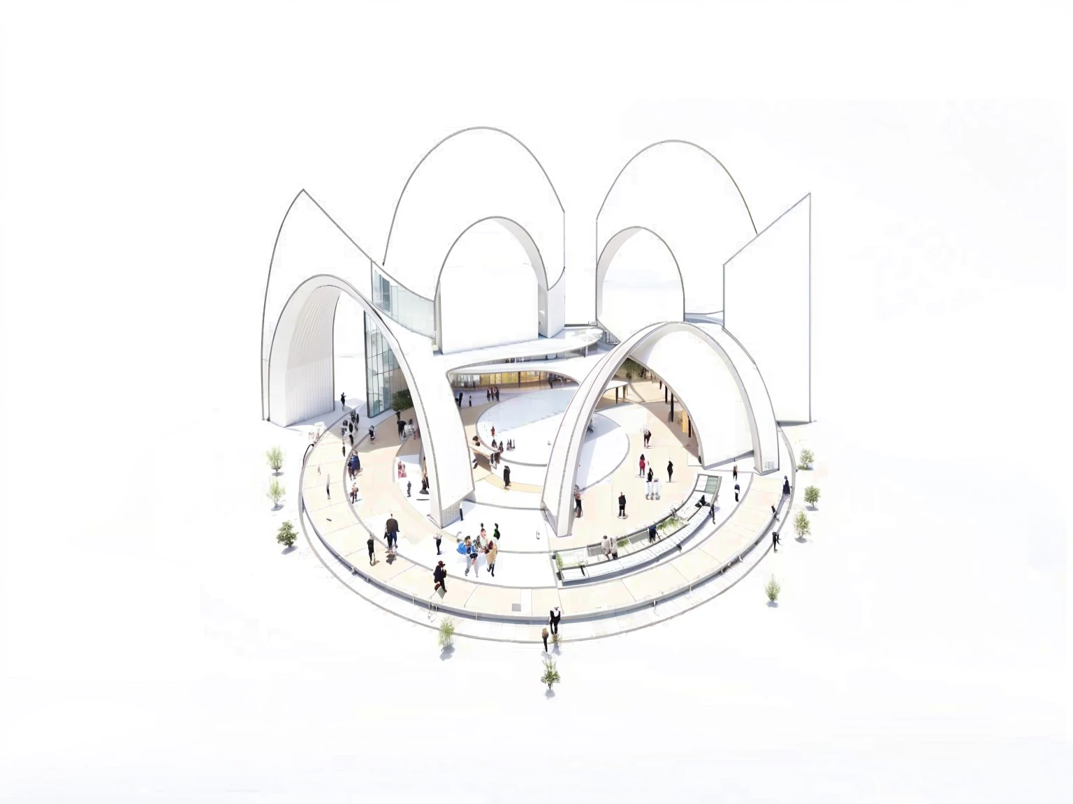 Colour the sketch.,Rich color picture,Generate an outdoor space.Generate an architectural visualization of a modern building lobby with a dynamic and organic structure. There is a wooden road in the middle, with plants planted on both sides. photography, realistic, Zaha Hadid, Arch daily, 4k, highly detailed, The scene should be bathed in warm sunlight filtering through an expansive, intricate ceiling, casting soft shadows. Include a lush outdoor garden with a variety of plants and flowers creating a serene atmosphere. People are casually walking through, some pushing strollers, indicating a family-friendly environment. The building's exterior should feature reflective glass facades, and the overall feel should be cutting-edge, clean, and harmonious with nature.