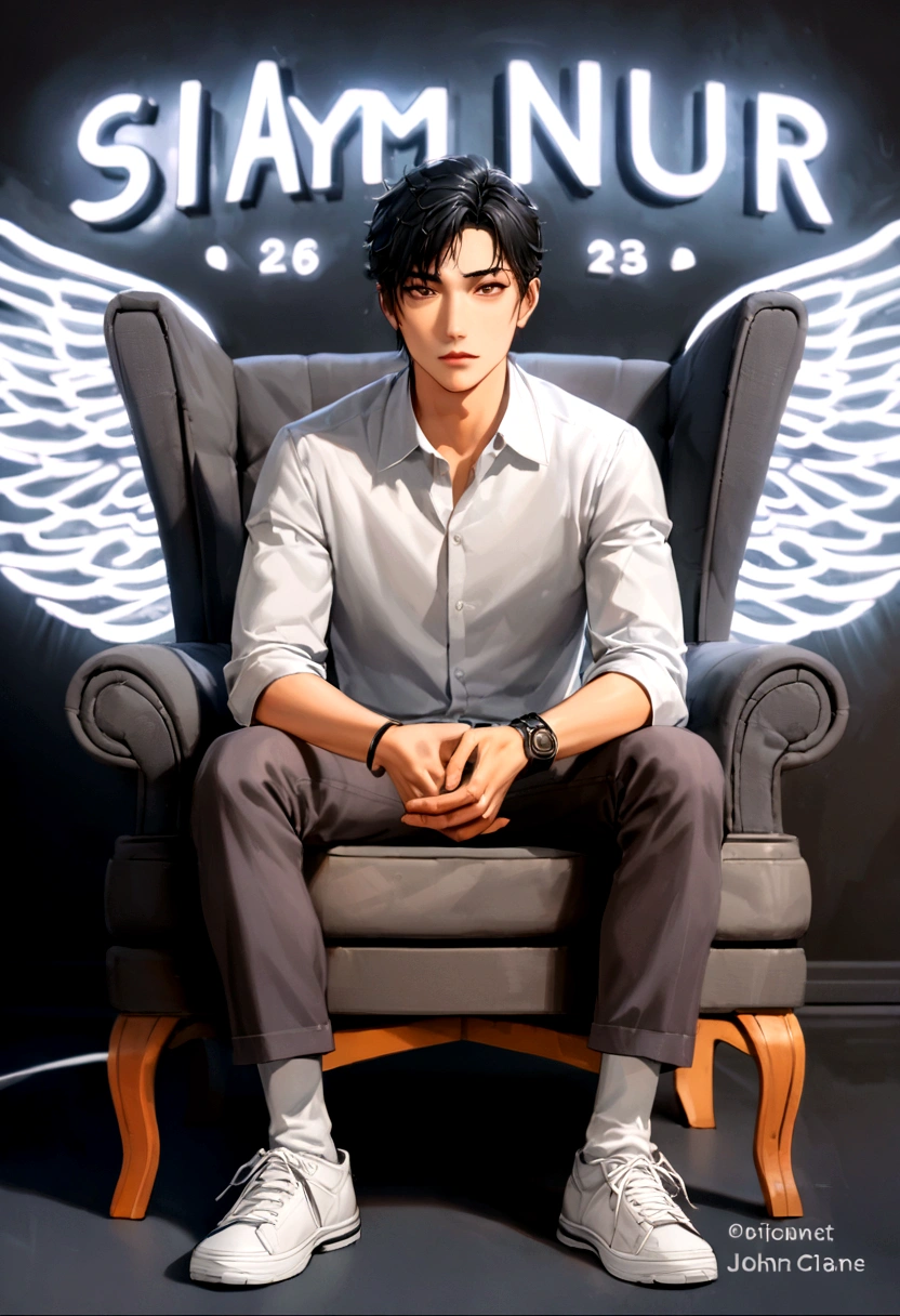 arafed man sitting in a chair with a wing on his arm, young wan angel, sitting on his throne, siwoo kim, inspired by Adam Dario Keel, inspired by Kim Hwan-gi, inspired by John Luke, handsome man, handsome stunning realistic, inspired by Max Dauthendey, ayan nag, sat in his throne, official fanart