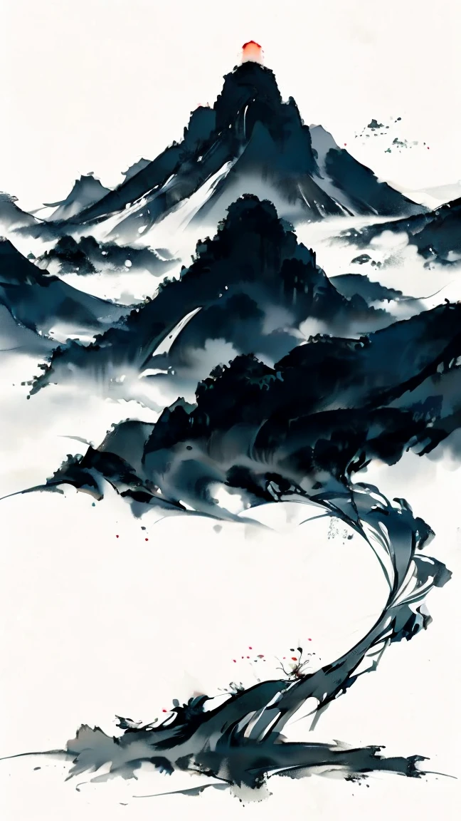 Artistic ink painting，Three-dimensional ink painting，Minimalism，Minimalist graphics，Minimal Art，Clean background，古韵White Space，White Space，大面积White Space，Texture Matte，Low saturation，Minimalist composition，Master composition。Mountain，A person far away