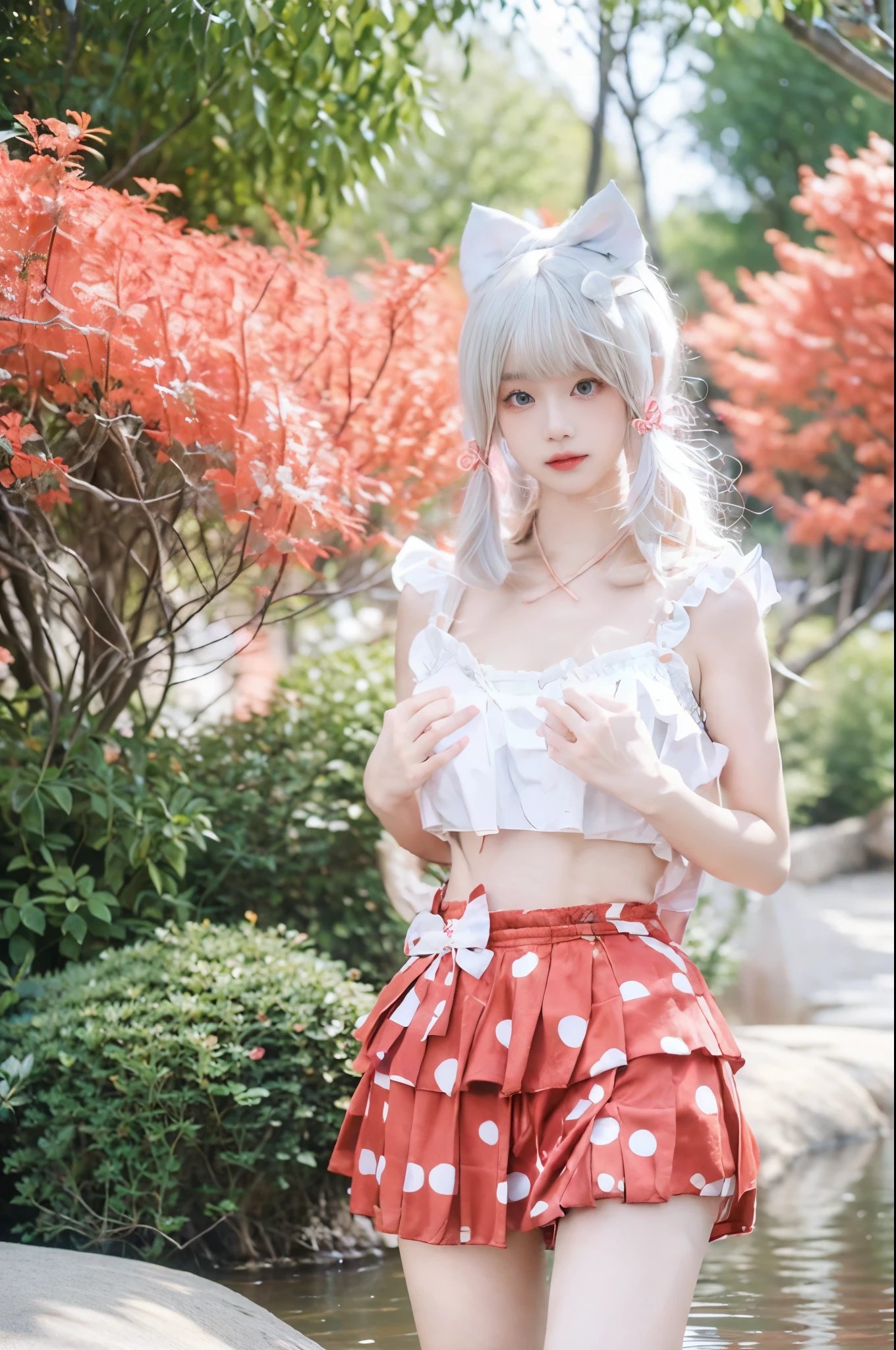 cute swimsuit, polka dot bikini, frills, bow, halterneck, Kamisato Ayaka, Beauty, beautiful女人,Have a perfect body:1.4,Layered Hairstyle,((Big breasts)), ((D cup)), Visible cleavage,Bare shoulders, Highly detailed face and skin texture,Double eyelids,Skin Whitening,Long hair,Whitening long legs,Standing by the sea, Fashion girl, Red lips, Sweet maiden, beautiful妆容, detail, lifelike, Very detailed, amazing, beautiful, Young and energetic, high quality,High Definition, rich and colorful,Exquisite, Smooth skin, The skirt is short, Lift the skirt with your hands, Elegant and charming posture, Official Art, Extremely detailed, Movie atmosphere, Soft colors, Natural skin texture,