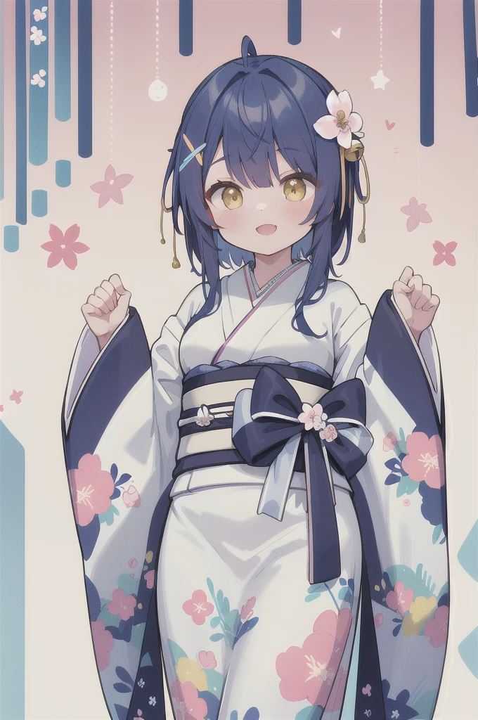 masterpiece, Highest quality, High resolution, Chubby, short hair, Ahoge, Double Bang, Hair Ribbon, Hair Ribbon, Hair Flowers, Hair Bell, X Hair Ornament, Floral print, kimono, Ruffled Kimono, Wide sleeves, Sleeves are longer than the wrist, sash, heart, From below, Open your mouth, (smile:0.77), (Patterned Background:1.2),