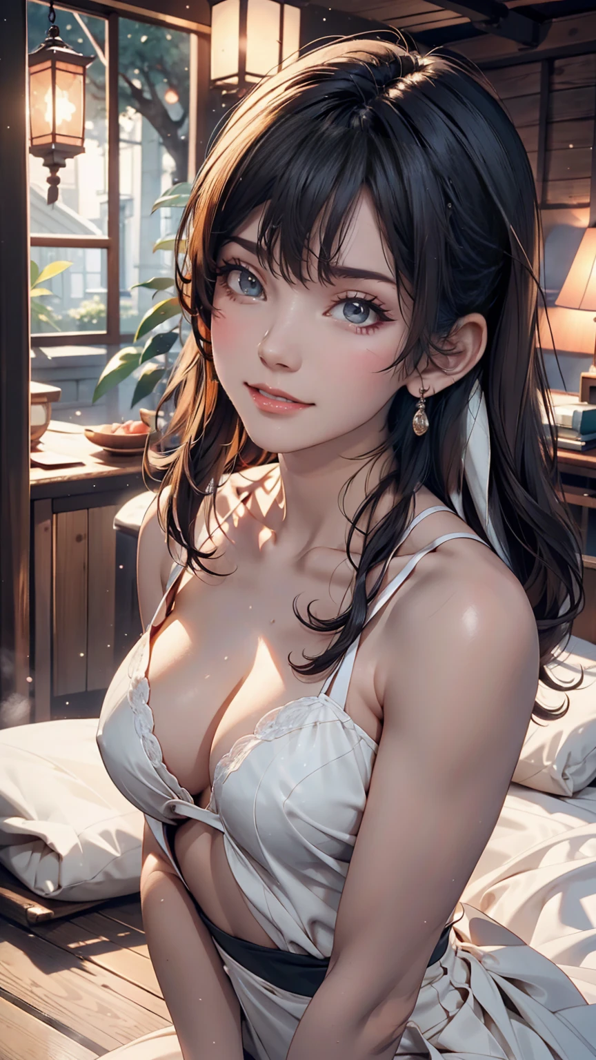 masterpiece, High resolution, figure, Kyoto Animation Style, 君of名は映画スタイル, night, midnight, Gentle light, Fascinating Light, (1 female: 1.3), (alone: 1.4), Long eyelashes, Short Bob, nose_blush, Open_mouth, futon, nude, nude, towel, Chirarizum, dynamic perspective, perspective, Bokeh, depth_of_Field, from_ Under、Twin tails、Silver Hair