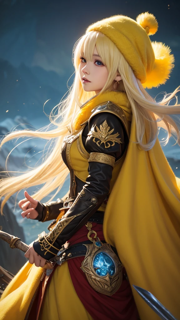 Young woman with yellow hair in fluffy clothes and a fluffy hat, Fantasy Characters art, Amazing character art, 壮大なFantasy Charactersアート, HD fantasy art, Magnificent and elaborate character art, Realistic fantasy art, Fantasy Woman, Epic fantasy art style HD, Fantasy Characters, Digital fantasy art), Fantasy Art, Detailed fantasy art, High quality fantasy art, Fantasy Costume, Digital 2D Fantasy Art