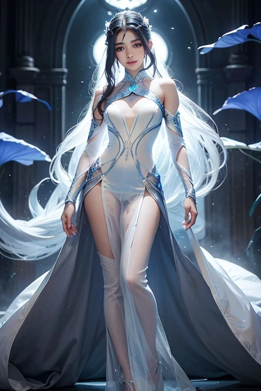 full body, seven shot, 18 years old, Wearing a thin, see-through science fiction outfit., beautiful face, details, hand, ultimate details, Stunning grandeur, Interior LED lights, Pedaipan style, hair fibers, glowing white iris, glowing white iris, upper body,