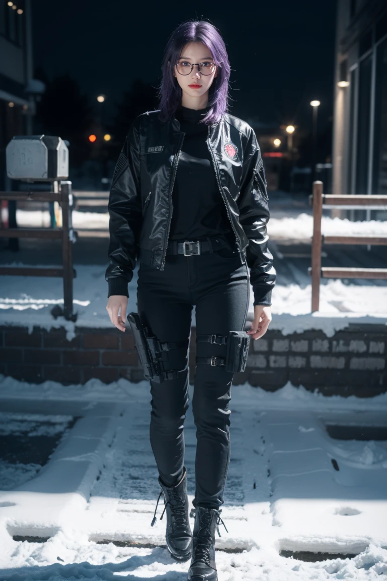1 girl, beautiful purple hair, blue eyes detailed, wearing glasses, wearing military tactical gear, black military jacket, black military pants, plack military boots, winter, night, snow, realistic, ultra-detailed, HDR, 4k, full body, realistic lighting and contrast