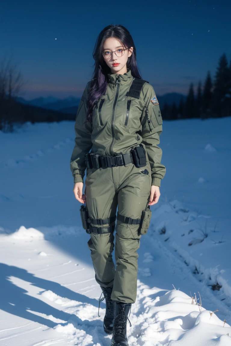 1 girl, beautiful purple hair, blue eyes detailed, wearing glasses, wearing military tactical gear, black military jacket, black military pants, plack military boots, winter, night, snow, realistic, ultra-detailed, HDR, 4k, full body, realistic lighting and contrast