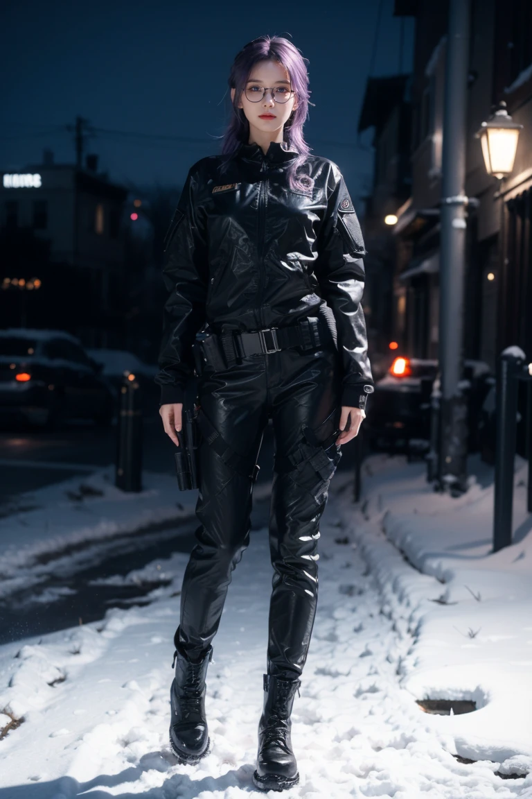 1 girl, beautiful purple hair, blue eyes detailed, wearing glasses, wearing military tactical gear, black military jacket, black military pants, plack military boots, winter, night, snow, realistic, ultra-detailed, HDR, 4k, full body, realistic lighting and contrast