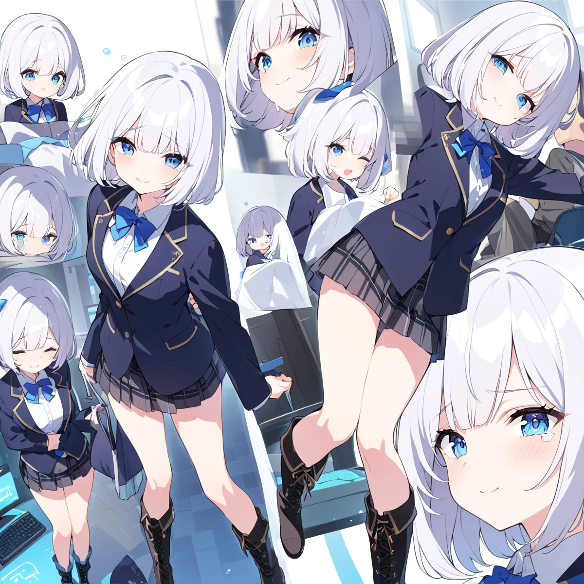 ((Highest quality)), ((masterpiece)), (Familiar), Perfect Face((Highest quality)）cute,beautiful girl,Pure white hair,bangs,Crying face、Medium Hair,blue eyes.alone,,smile,cute, short hair、Beautiful Eyes,Light clothing,Healthy Body、Hello、Angle of Face、null、blazer、shirt、hacker、skirt、boots、Are standing、A man is undressing、

