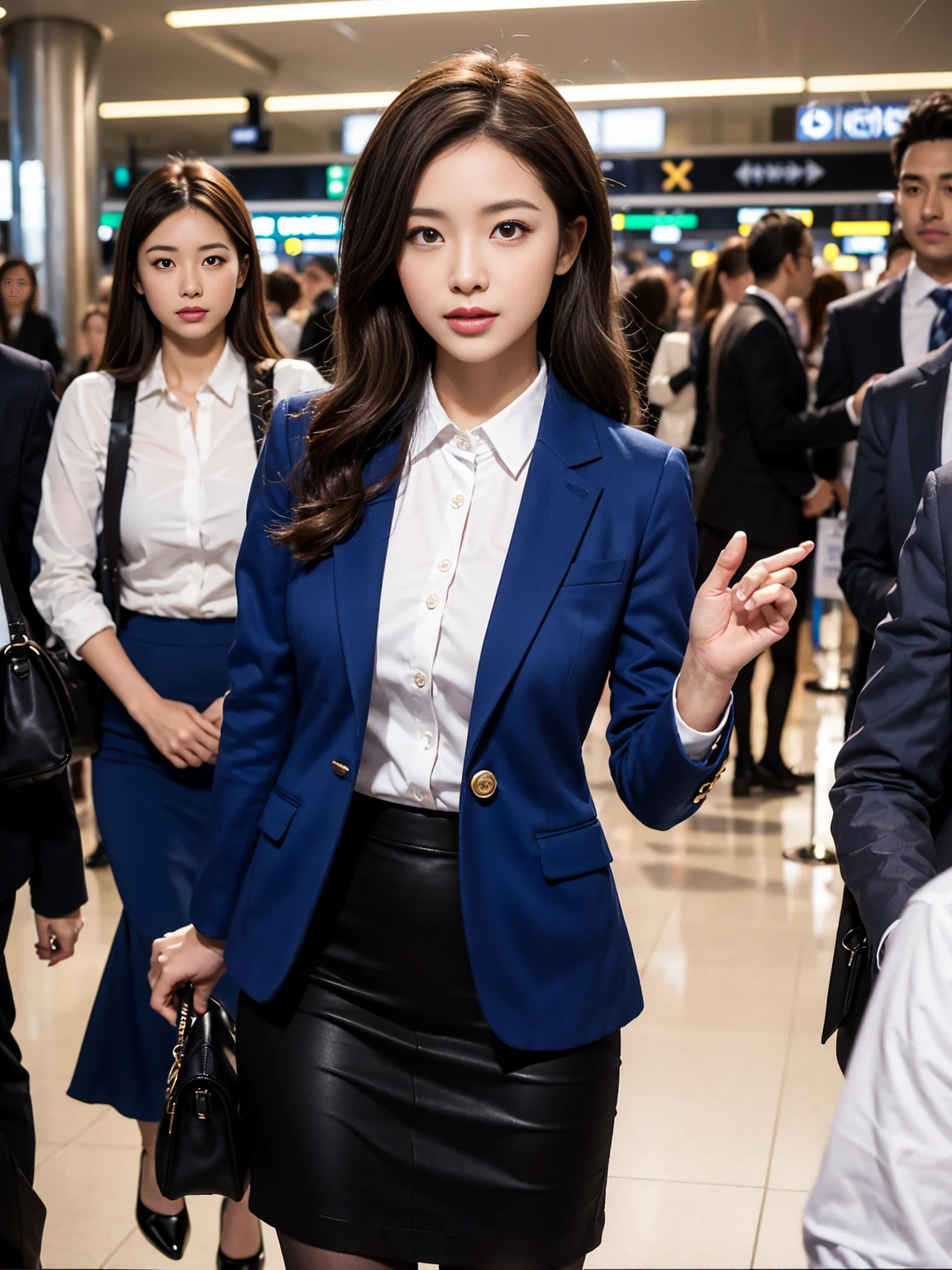 {{Mature Woman, White people}}, View your viewers, Hazel Eyes, Very detailed, Medium chest, Brown Hair, airport, flight attendant, uniform, Blue blazer, Blue tie, Blue Skirt, Midi Skirt, Pencil Skirt,Black Pantyhose、 Blue High Heels, Happy, 最high quality, high quality, Very detailed anime screencap, {{{{Crowded, Multiple Girls, Thousands of sisters, Millions of sisters,Billions of Sisters, clone, Doppelganger, Matching outfits, Matching hairstyle}}}}, whole body