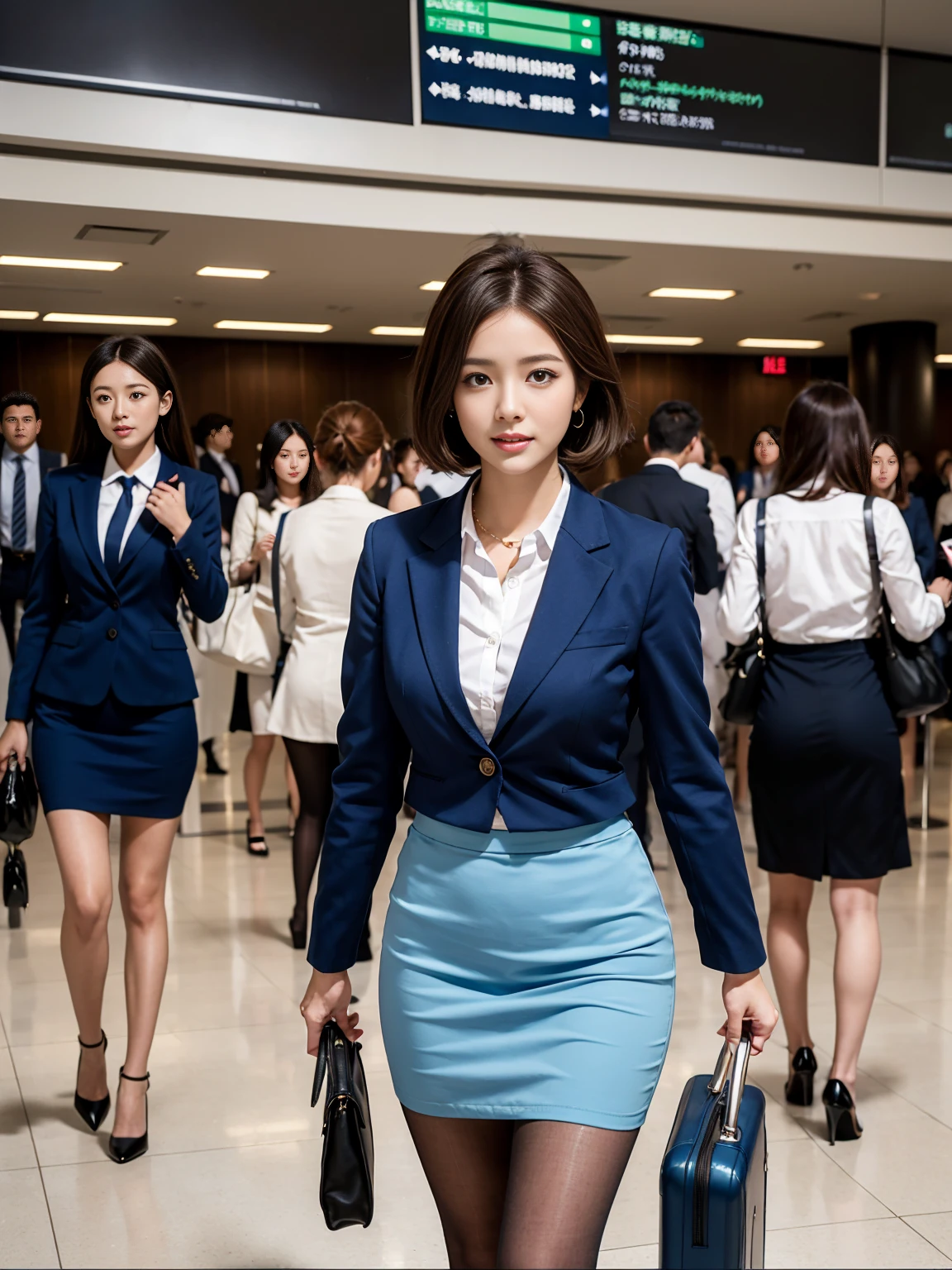 {{Mature Woman, White people}}, View your viewers, Hazel Eyes, Very detailed, Medium chest, Brown Hair, airport, flight attendant, uniform, Blue blazer, Blue tie, Blue Skirt, Midi Skirt, Pencil Skirt,Black Pantyhose、 Blue High Heels, Happy, 最high quality, high quality, Very detailed anime screencap, {{{{Crowded, Multiple Girls, Thousands of sisters, Millions of sisters,Billions of Sisters, clone, Doppelganger, Matching outfits, Matching hairstyle}}}}, whole body
