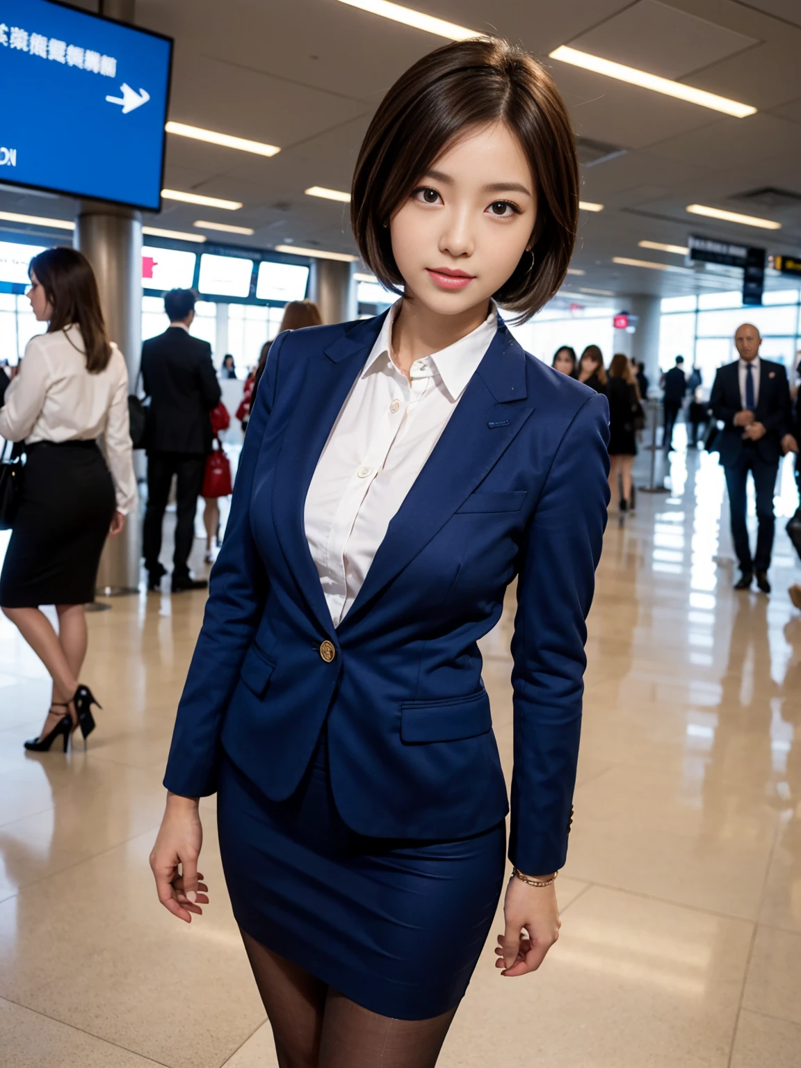 {{Mature Woman, White people}}, View your viewers, Hazel Eyes, Very detailed, Medium chest, Brown Hair, airport, flight attendant, uniform, Blue blazer, Blue tie, Blue Skirt, Midi Skirt, Pencil Skirt,Black Pantyhose、 Blue High Heels, Happy, 最high quality, high quality, Very detailed anime screencap, {{{{Crowded, Multiple Girls, Thousands of sisters, Millions of sisters,Billions of Sisters, clone, Doppelganger, Matching outfits, Matching hairstyle}}}}, whole body