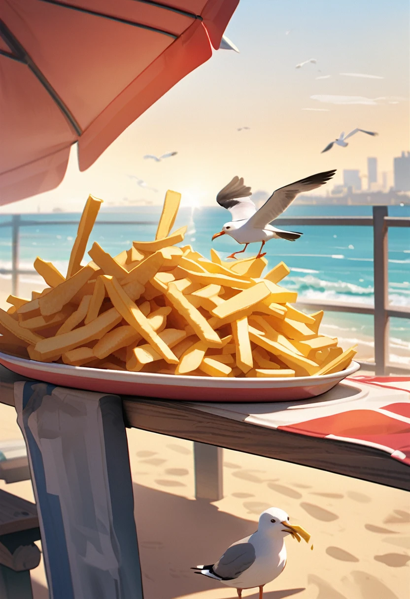 A seagull enjoying a pile of crispy French fries by the seaside.
An image capturing a hungry seagull snatching French fries from a beachgoer’s plate.
A seagull perched on a railing, greedily devouring a handful of golden fries.
A close-up shot of a seagull with a French fry dangling from its beak.
A playful scene featuring a seagull balancing a French fry on its head while stealing another one from a picnic table