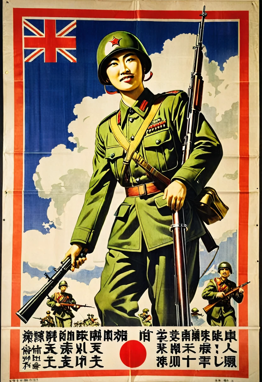 propaganda poster, japanese soldier, pointing out, retro, holding rifle, army