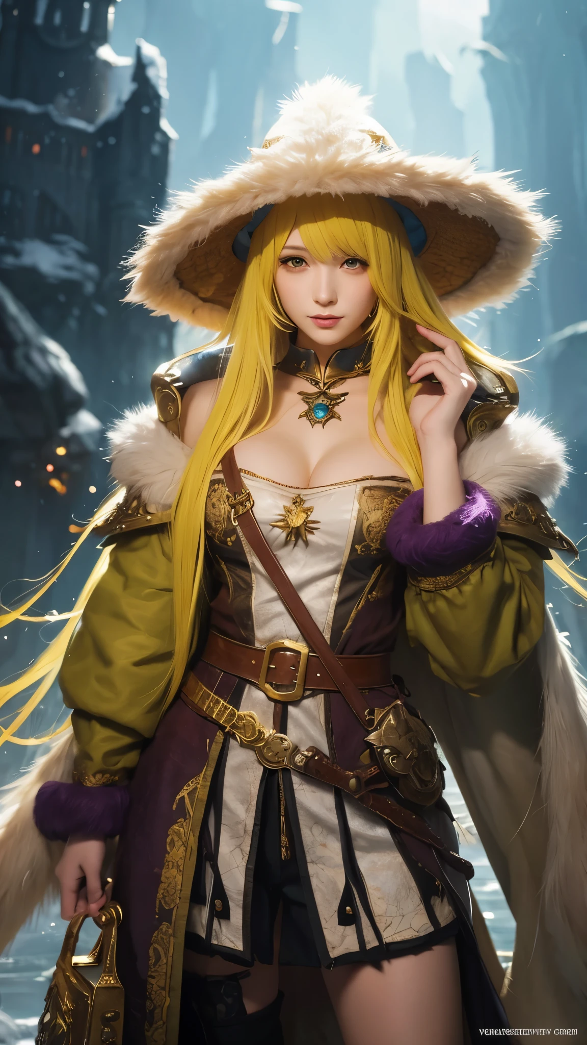 Young woman with yellow hair in fluffy clothes and a fluffy hat, Fantasy Characters art, Amazing character art, 壮大なFantasy Charactersアート, HD fantasy art, Magnificent and elaborate character art, Realistic fantasy art, Fantasy Woman, Epic fantasy art style HD, Fantasy Characters, Digital fantasy art), Fantasy Art, Detailed fantasy art, High quality fantasy art, Fantasy Costume, Digital 2D Fantasy Art