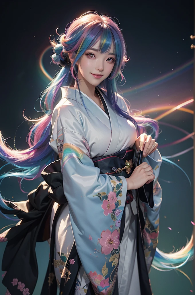 A girl with long rainbow hair, glowing rainbow eyes and an adorable smile wearing kimono, detailed anime style, fantasy illustration art, shiny glossy colorful lighting, glittery skin, glowing neon color palette, cute face