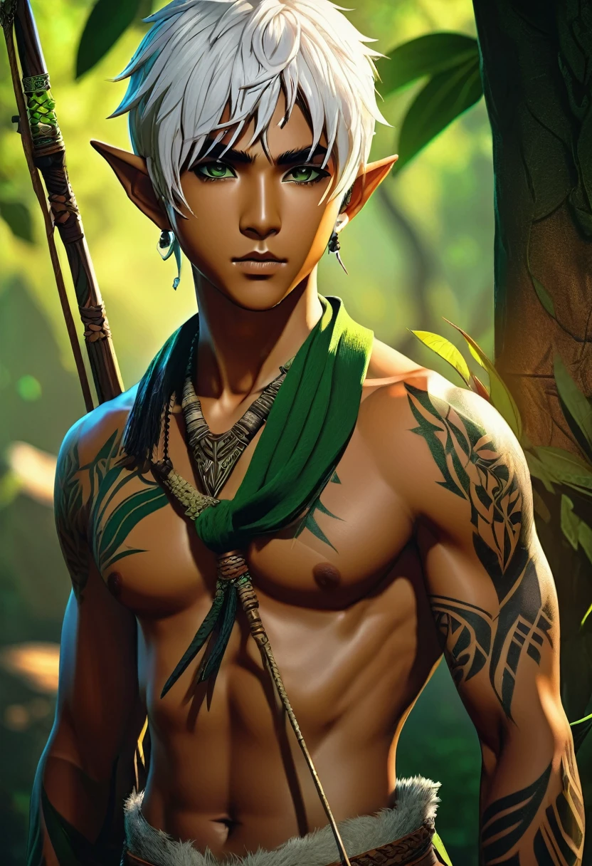 1boy, trap, wood elf, short white hair, green eyes, dark skin, white tribal tattoos, flat chest, thong, tribal bow, fantasy background, textured skin, UHD, UHD, UHD, UHD, award winning, high details, incredible high-key lighting and shadows, masterpiece, incredible illustration (anime style:1.5)