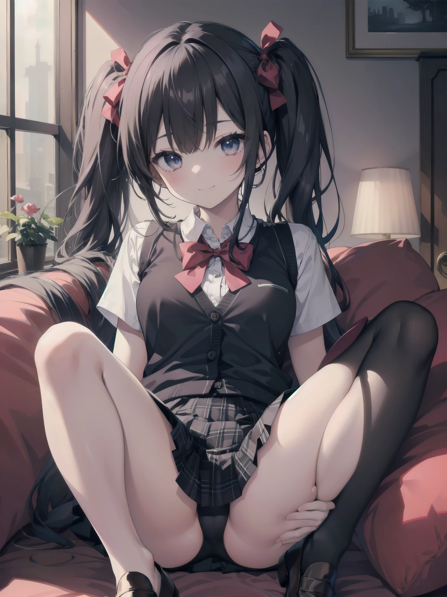 absurdres, absolutely resolution, incredibly absurdres, highres, ultra detailed, official art, unity 8k wallpaper,
BREAK
1 girl, soro, twintails, bow, cardigan vest, short sleeve shirt, plaid skirt, over black legwear, loafers, smile, Sexual girl, seducing men, colourful, bewitching eyes,