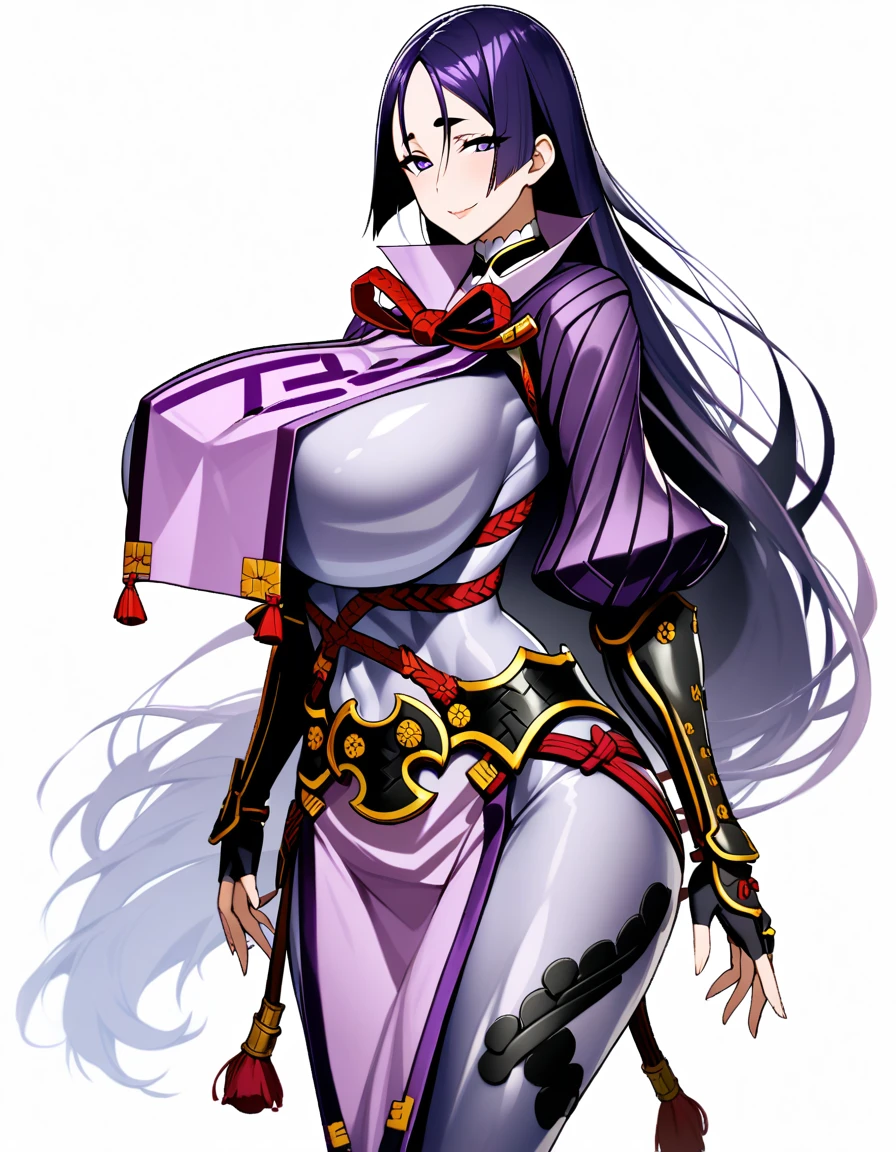 1girl,solo,perfect,high quality,faultless,
raikou, raikou, parted bangs, purple eyes, purple hair, long hair, hime cut, forehead, mature female,
arm guards, armor, black gloves, bodysuit, fingerless gloves, gloves, japanese armor, kote, loincloth, purple bodysuit, ribbed sleeves, tabard, toned,mother,maternal,maternal instinct,Super huge breasts,whipped thighs,smile,soft expression,full body,looking at viewer,lecherous look,sexual eye contact,SFW,white background