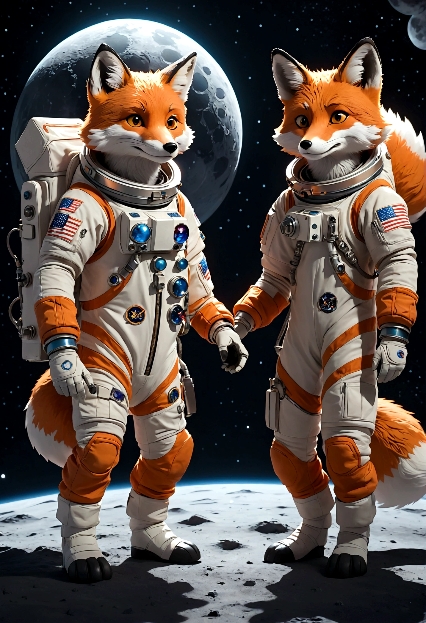 two humanoid foxes, Astronaut outfit, full body, galaxy moon style, light and shadow, flat color