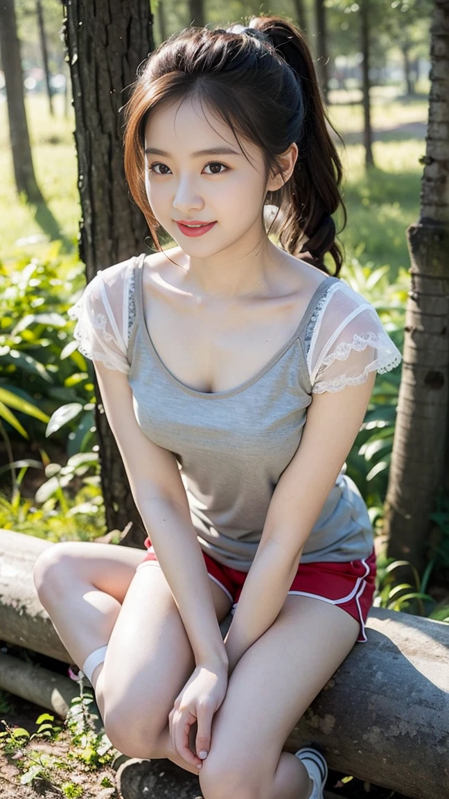masterpiece, best quality, Surreal, Ultra Detailed, 8k resolution, RAW photos, Clear focus, (A girl in the forest), ((Light grey camisole:1.1)),Short sleeve, Large breast bulge, Single ponytail, sports Shorts,Full body posture, Solitary, Perfect body, Become a, 32 inches in the chest,(a charming smile:1), (sexy pose),26 years old, light,White shoes
