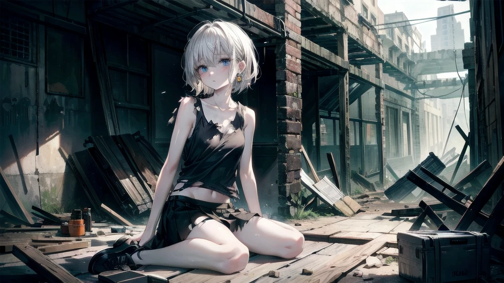 (Torn clothes), Tank top shirt, skirt, Handgun, ruins, Absurd, RAW Photos, Very delicate and beautiful, masterpiece, Highest quality, Ultra-high resolution, 32K, Surreal, Very detailed, Detailed Description, Pale skin, 20-year-old, Tearful mole, Earrings, Short Medium Hair, Wavy Hair, Full Body Shot,