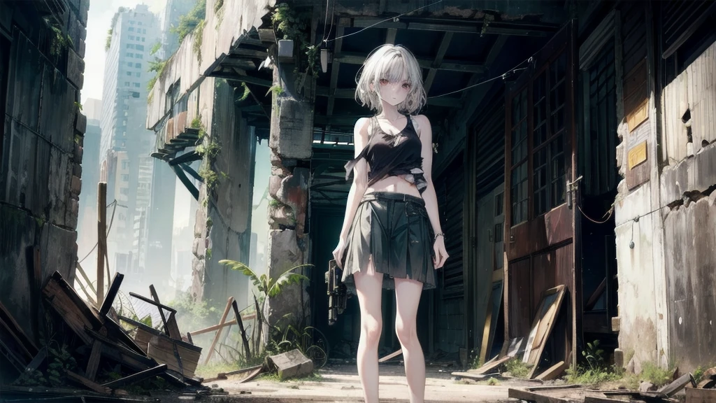 (Torn clothes), Tank top shirt, skirt, Handgun, ruins, Absurd, RAW Photos, Very delicate and beautiful, masterpiece, Highest quality, Ultra-high resolution, 32K, Surreal, Very detailed, Detailed Description, Pale skin, 20-year-old, Tearful mole, Earrings, Short Medium Hair, Wavy Hair, Full Body Shot,