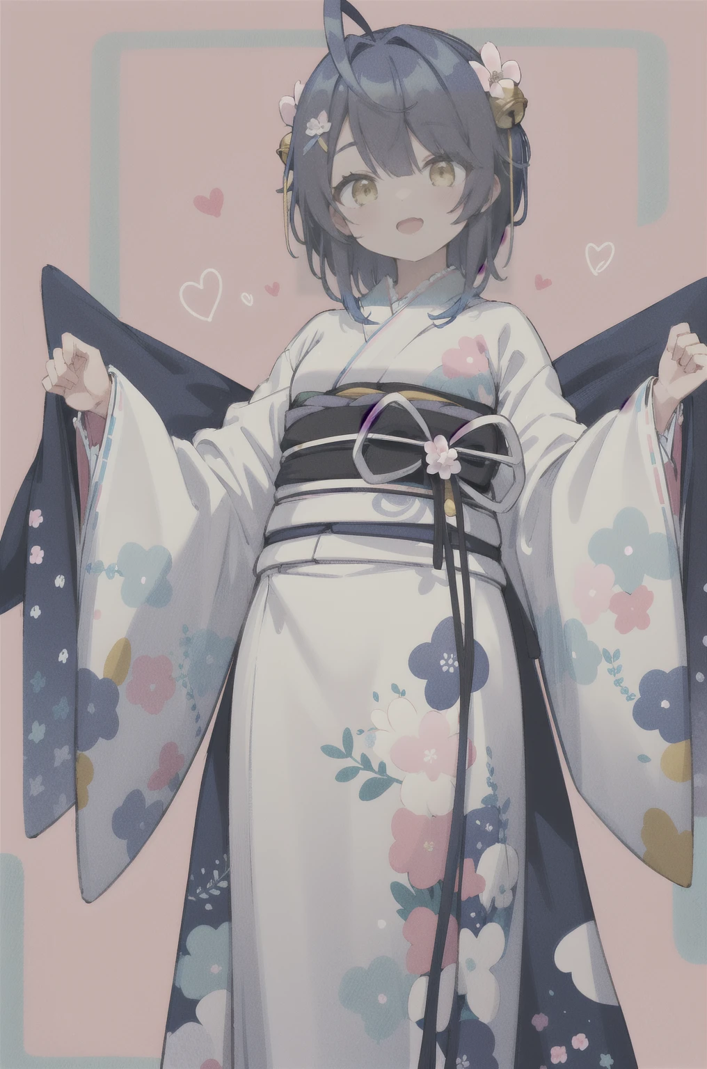 masterpiece, Highest quality, High resolution, Chubby, short hair, Ahoge, Double Bang, Hair Ribbon, Hair Ribbon, Hair Flowers, Hair Bell, X Hair Ornament, Floral print, kimono, Ruffled Kimono, Wide sleeves, Sleeves are longer than the wrist, sash, heart, From below, Open your mouth, (smile:0.77), (Patterned Background:1.2),