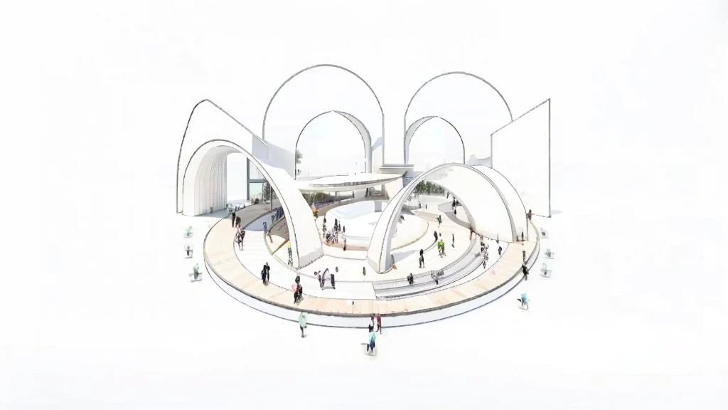 Colour the sketch.,Rich color picture,Generate an outdoor space.Generate an architectural visualization of a modern building lobby with a dynamic and organic structure. There is a wooden road in the middle, with plants planted on both sides. photography, realistic, Zaha Hadid, Arch daily, 4k, highly detailed, The scene should be bathed in warm sunlight filtering through an expansive, intricate ceiling, casting soft shadows. Include a lush outdoor garden with a variety of plants and flowers creating a serene atmosphere. People are casually walking through, some pushing strollers, indicating a family-friendly environment. The building's exterior should feature reflective glass facades, and the overall feel should be cutting-edge, clean, and harmonious with nature.