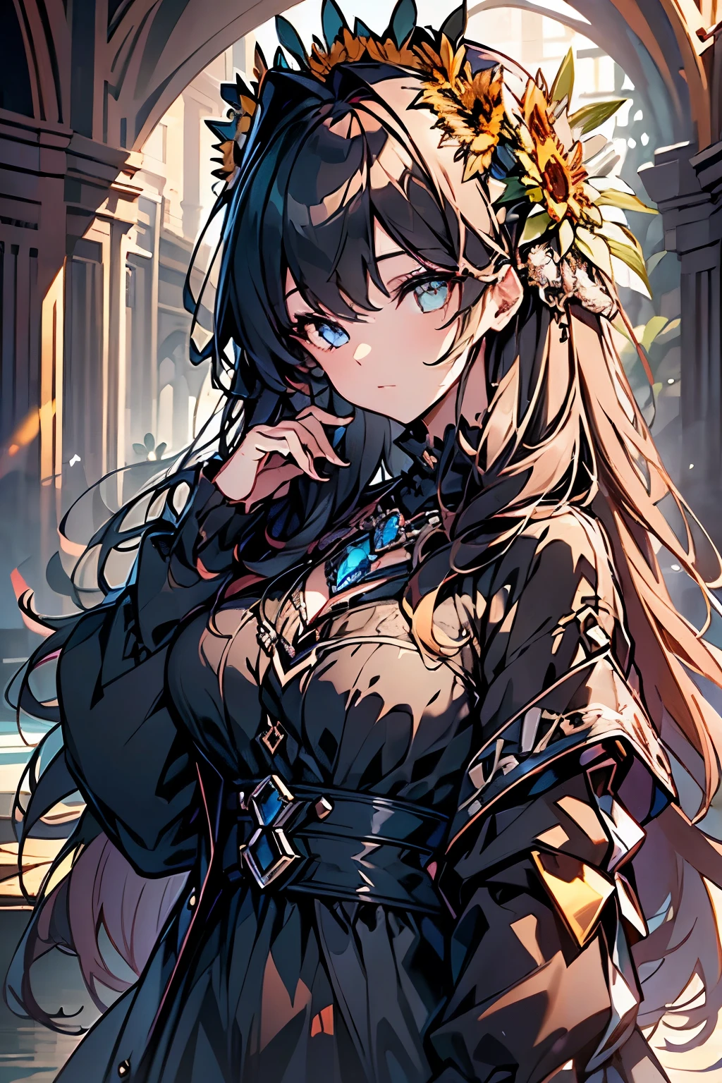 ( Absurdly , High quality , ultra detailed ) ,( hand detailed ) , 1girl, solo, mature, very long hair, sunflower hair , beautiful crystal eyes ( eye detailed ) Baroque, Necklace, long dress, long sleeve, elegant, colorful, highest detailed, upper body , with the river and sunflowers