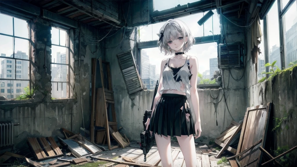 (Torn clothes), Tank top shirt, skirt, Handgun, ruins, Absurd, RAW Photos, Very delicate and beautiful, masterpiece, Highest quality, Ultra-high resolution, 32K, Surreal, Very detailed, Detailed Description, Pale skin, 20-year-old, Tearful mole, Earrings, Short Medium Hair, Wavy Hair, Full Body Shot,