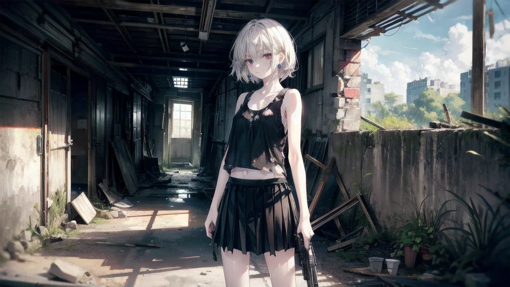 (Torn clothes), Tank top shirt, skirt, Handgun, ruins, Absurd, RAW Photos, Very delicate and beautiful, masterpiece, Highest quality, Ultra-high resolution, 32K, Surreal, Very detailed, Detailed Description, Pale skin, 20-year-old, Tearful mole, Earrings, Short Medium Hair, Wavy Hair, Full Body Shot, 