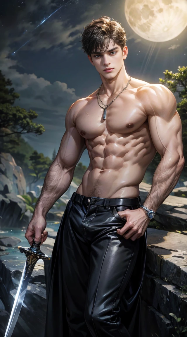 (best quality, masterpiece, highres:1.2), beautiful:1.5, shirtles, black short hair:1.5, under the moonlight in a deep forest, no one around, looking at the viewer,symmetrical eyes, at night, holding a sword in his hand, naked, handsome, leaning against rock, exposed penis, sexy , with necklace and earrings, legs open