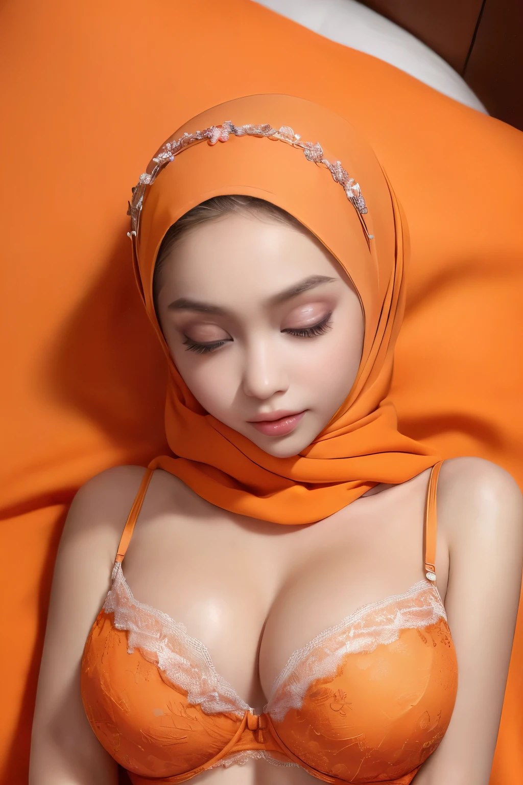 (((SLEEPING BEAUTY))), ((ULTRA FULL HD DETAILED)), ((DETAILED FACE SKIN)), Sexy Lingerie ((SLEEPING BEAUTY)), ((EYES WIDE )), ((OPEN BIG HUGE EYES)), Very Thin body ((Wearing Bra Lingerie)), (((ORANGE BERRY COLOR HIJAB)), masutepiece, High quality, UHD 32K, Realistic face, Realistic skin feeling , A Malay Lady, 8 . ((Face cute like a baby)), HBREASTS 