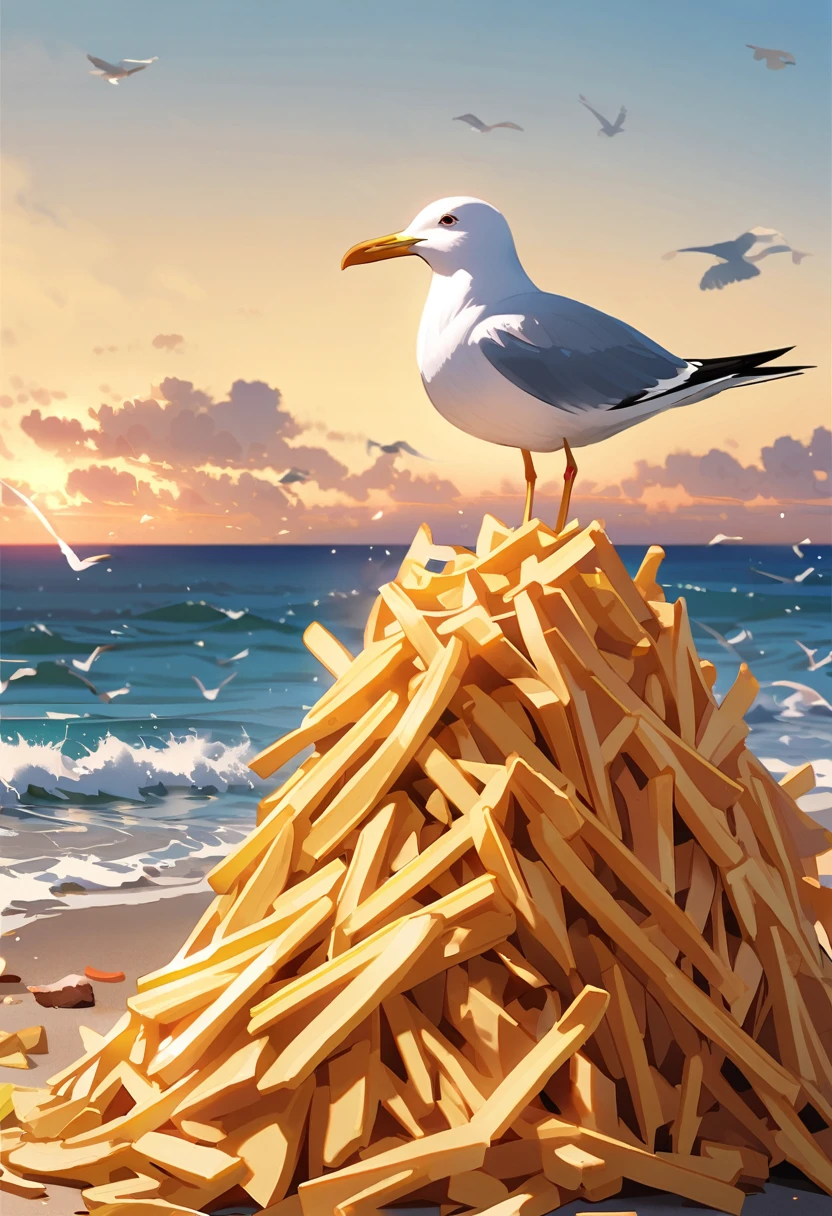 A seagull enjoying a pile of crispy French fries by the seaside.