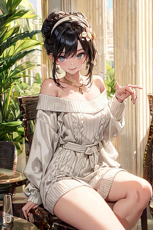 (((Masterpiece))),(((Super Detail))),(((in 8K))),(((best composition))),(((Rim lighting,Fireglow effect,deep shadow))),solo),Beautiful fingers,Detailed finger features,(Detailed hair features:1.7),(Dynamic and sexy bending pose:1.3),detailed facial features,detailed clothes features, (perky chest:1.1), (pointed chest:1.3), delicate beautiful face, Bright blue eyes, cute eyes, sparkling eyes, Big eyes, beautiful detailed eyes,double bun with glittering hair ornament:0.6,(super detailed glossy skin:1.3),slender body,goddess smile,((with sparkling eyes and a contagious smile)),beautiful posture,have a cup of coffee,black hair, red eyes, dress, bare shoulders, jewelry, collarbone, sidelocks, hairband, earrings, indoors, off shoulder, sweater, arms behind back, plant, short hair with long locks, white hairband, off-shoulder dress, sweater dress, off-shoulder sweater, red sweater, big side hair, very long side hair,(super delicate floral pattern:1.2),seductive cleavage:1.3,beautiful glossy legs,shiny red high heels,lifting dishes with cakesd,french restaurant,hustle and bustle,rising steam,(((depth of fields)))
