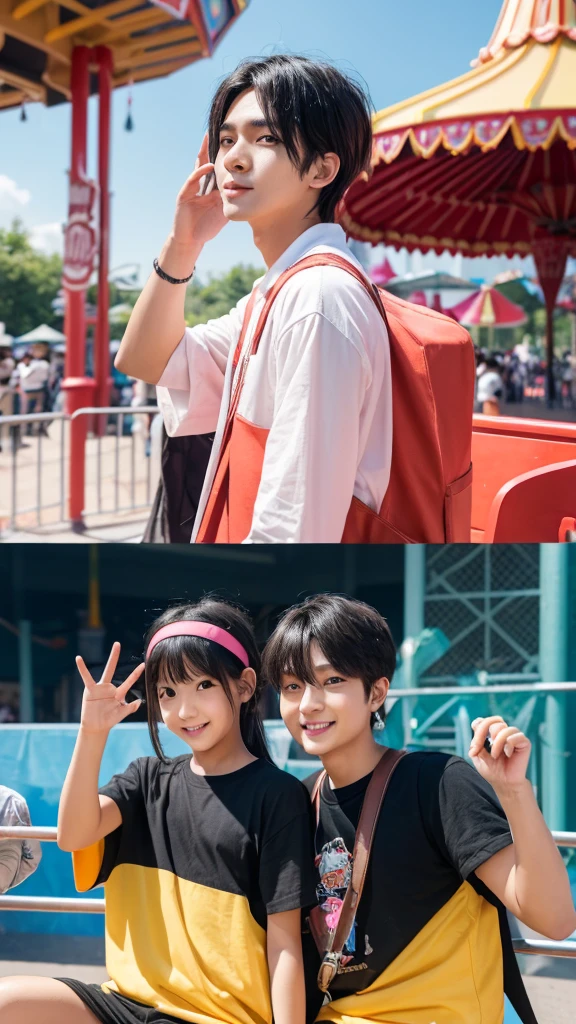 date with Kim Gyubin (zerobaseone) .
He has a black handsome hair.
A fun-filled day at an amusement park starting with buying matching headbands. You ride various attractions, share cotton candy, and end the day with a live show or parade.