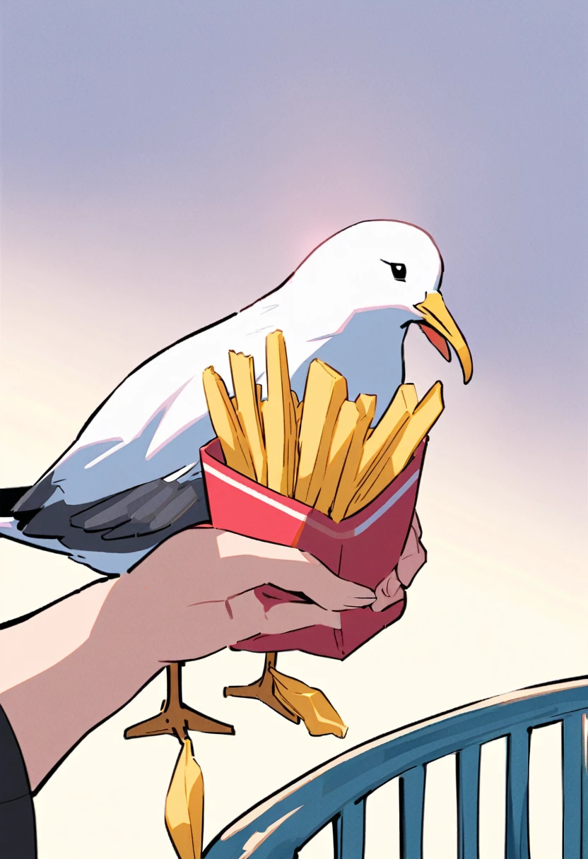 A seagull perched on a railing, greedily devouring a handful of golden fries.
