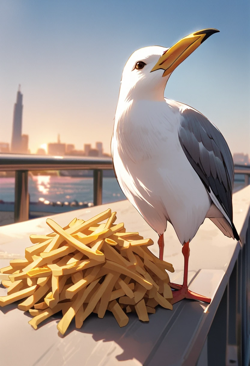 A seagull perched on a railing, greedily devouring a handful of golden fries.