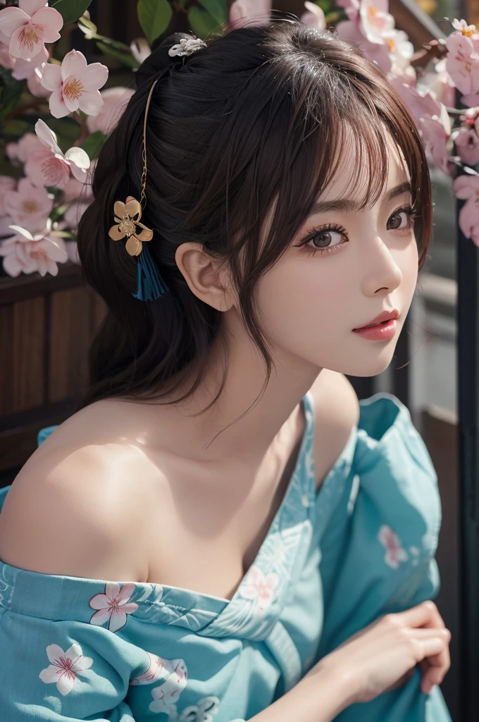 score_9, score_8_up, score_7_up, score_6_up, score_5_up, score_4_up, sexy asian girl, 1girl, japanese geisha, 20 years old, face close up, half body portrait, (geisha hairstyle), big brown eyes, nihongami, geisha makeup, modest look, seducing viewer, hearts, posing, sexy pose, solo, blue floral kimono, off shoulder, bonsai, sakura, cherry blossom, submission, sunset, flowers, plants, cinematic lightings
