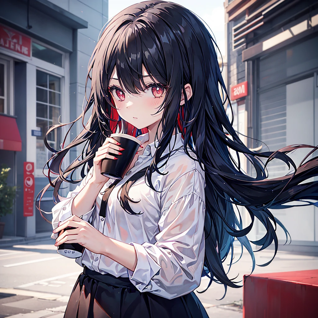 1girl, long black hair, red and blue pupils, White casual shirt, Holding a cup filled with coffee 