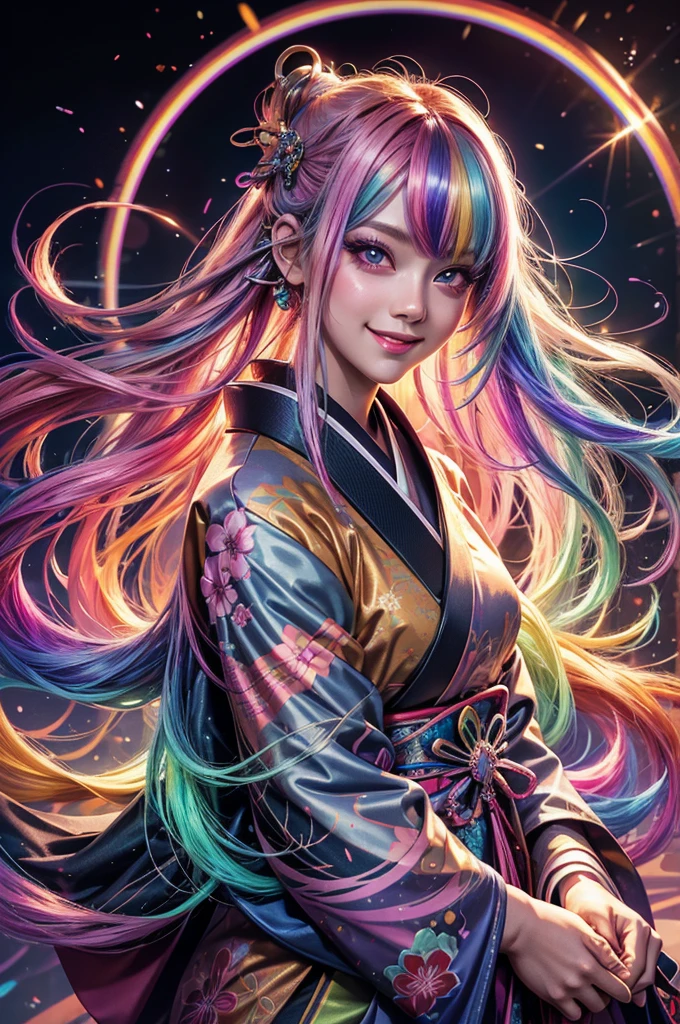 A girl with long rainbow hair, glowing rainbow eyes and an adorable smile wearing kimono, detailed anime style, fantasy illustration art, shiny glossy colorful lighting, glittery skin, glowing neon color palette, cute face