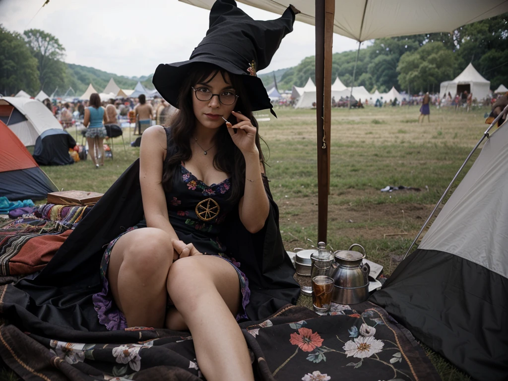 groovy old 1960s witch woman, floral dress, glasses, witch hat, black cat, sitting in a tent smoking her pipe at Woodstock music festival