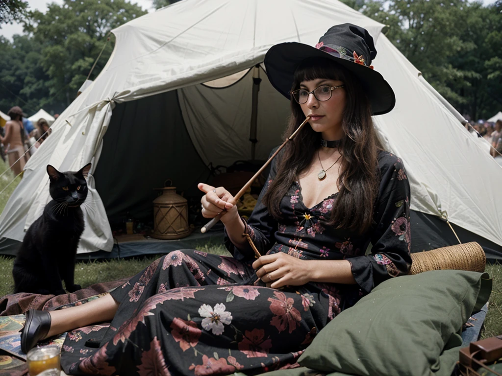 groovy old 1960s witch woman, floral dress, glasses, witch hat, black cat, sitting in a tent smoking her pipe at Woodstock music festival