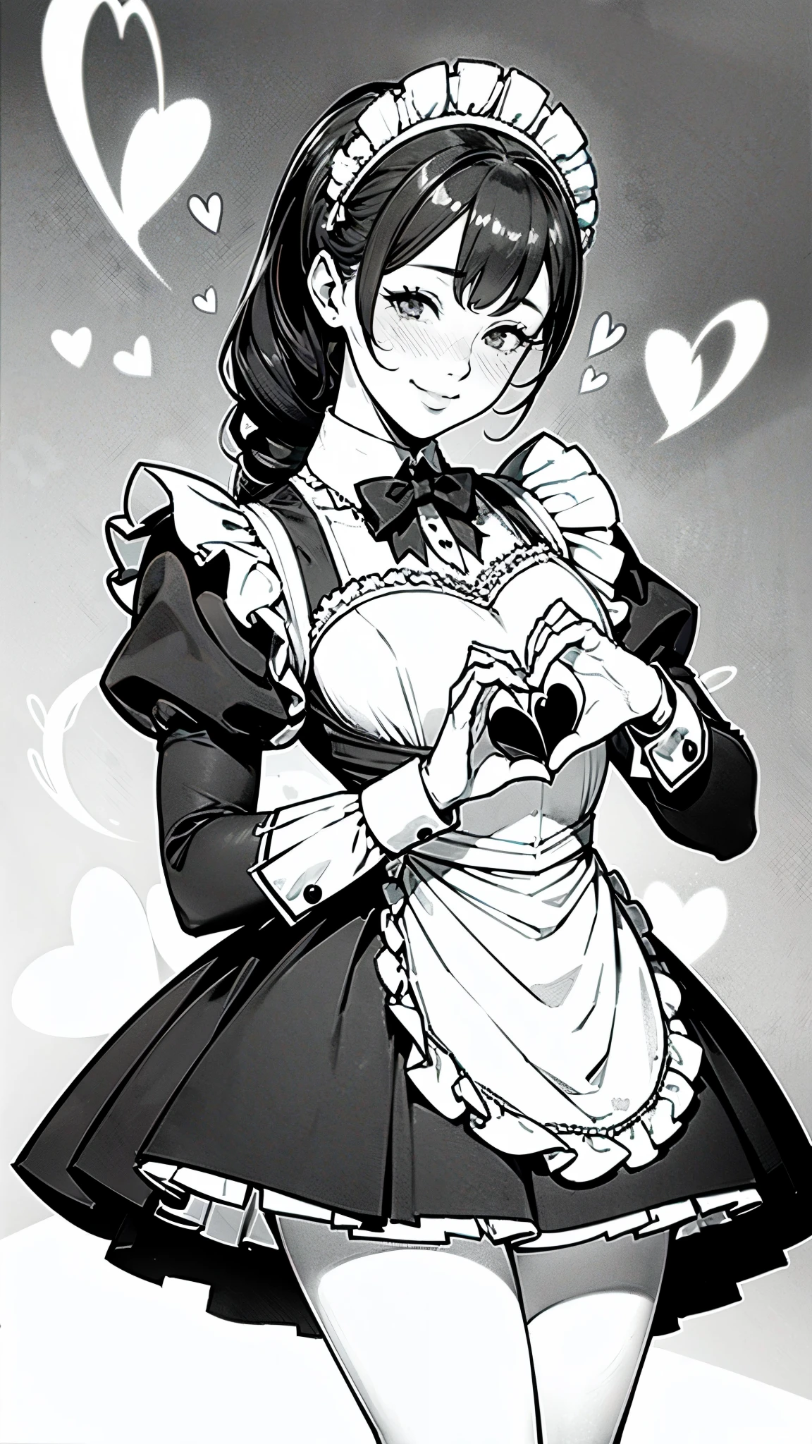 (masterpiece:1.2, Highest quality),(Line art),(Monochrome),(Very detailed),8K,wallpaper,1 female,Cute face,smile,((Maid in a maid café)),((betterhand)),Random hairstyle,Random pose,Beautiful female hands,((lineart, monochrome)),BREAK(((maid cafe))),(((heart hands))),((a girl in gothic costume standing))