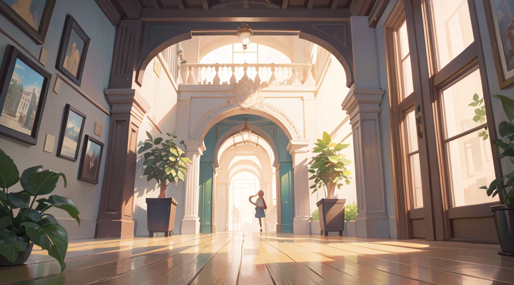 (Masterpiece), Best quality, Ultra-high resolution, detailed structure, Detailed architecture, (Warm pastel colors), indoor，nobody，Behind is the living room, plant, Stamens, indoor。Entrance