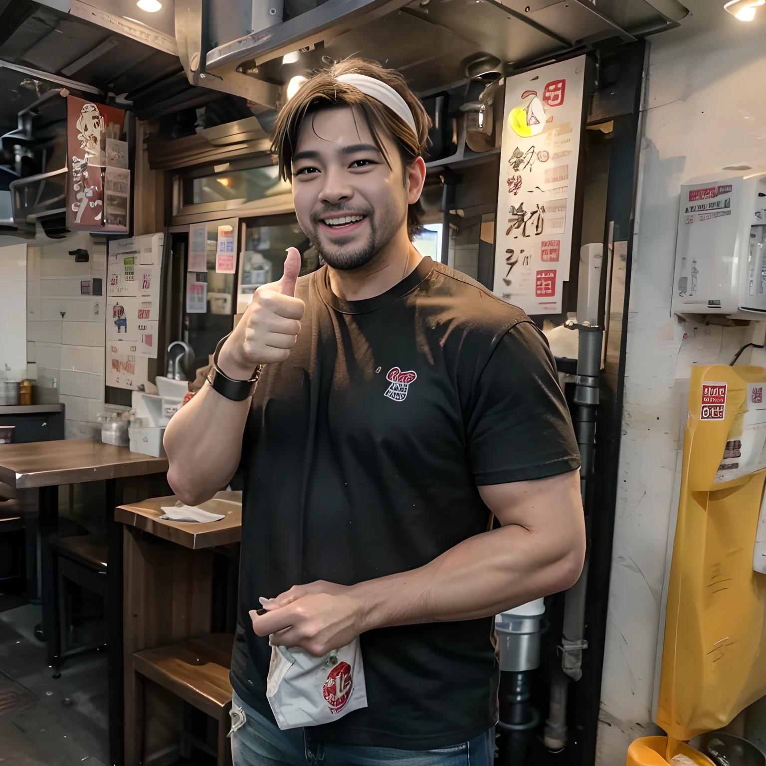 8K, ultra detailed, (realistic:1.2), masterpiece, 40yo, A man wearing a black T-shirt and a white bandana on his head, (thumbs up), (laugh:1.2),(fat, muscular:1.0), Ramen restaurant kitchen, standing